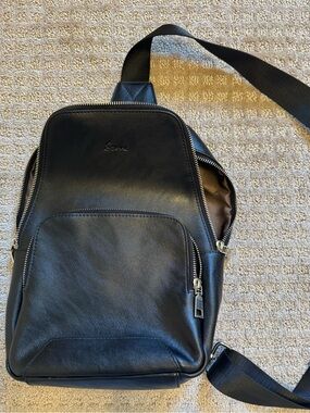 S-Zone Black Leather Sling Backpack Crossbody Bag Unisex Travel Casual Zip